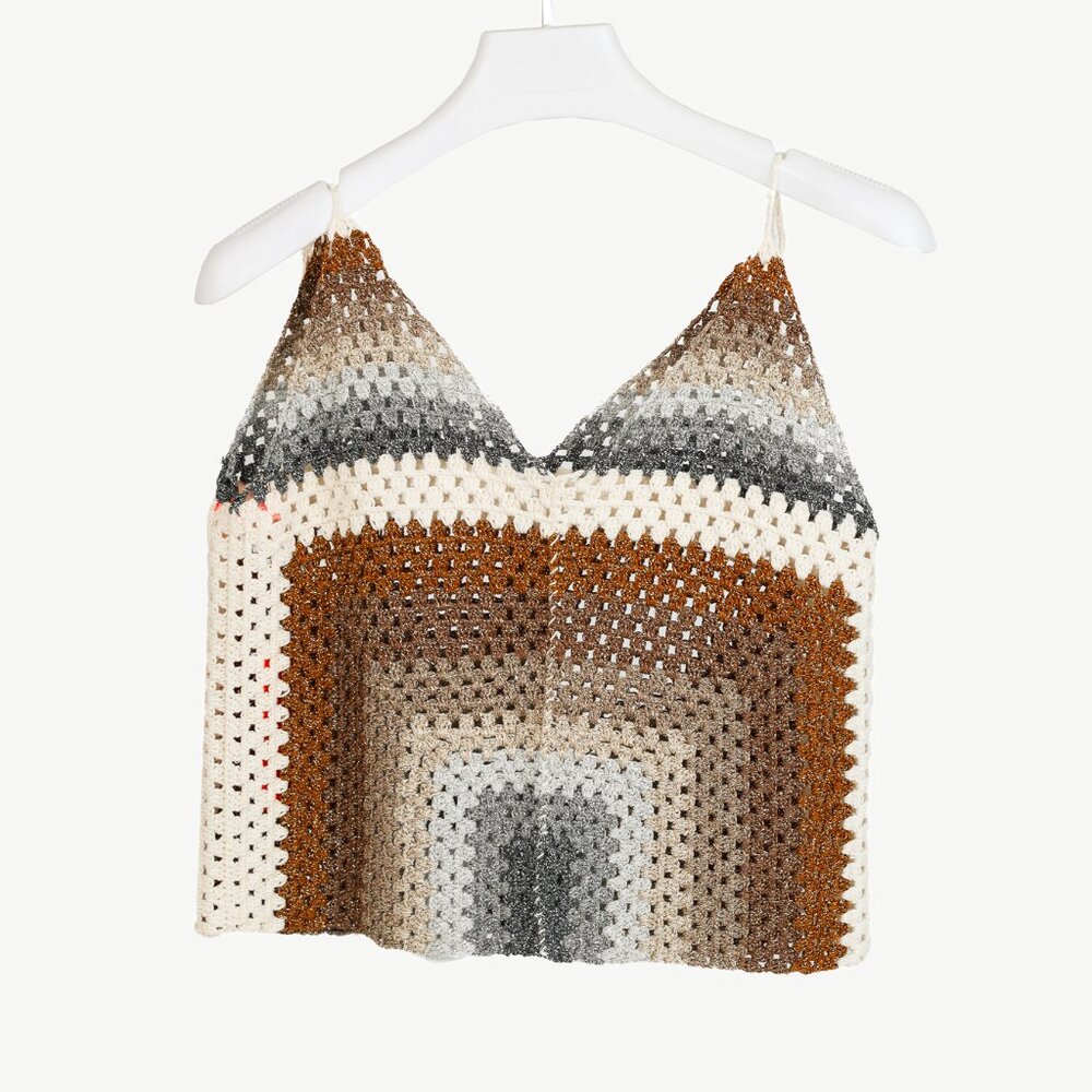 Rose Carmine Neutral-Tone Lurex Crochet Tank